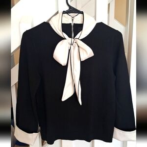 alice+olivia Justina black wool blend sweater satin bow & detachable  cuffs szM